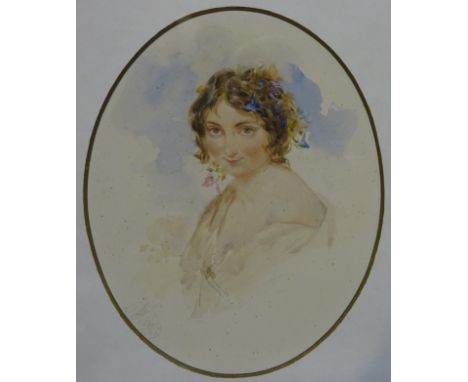 Fisher of Pebble Coombe (19th century): Bust portrait of a Girl with Flowers in her Hair, oval watercolour signed and dated 1