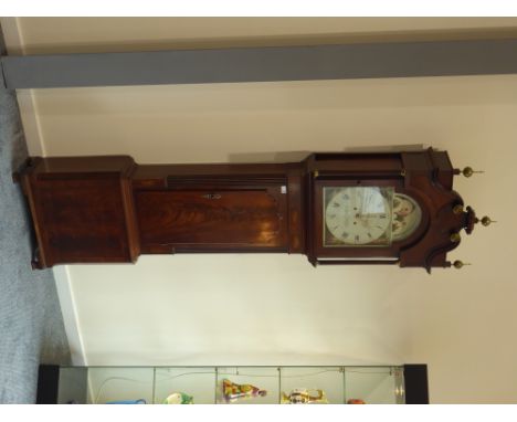 Early 19th century mahogany longcase clock, three brass finals above swan neck pediment with fluted pillar supports, figured 