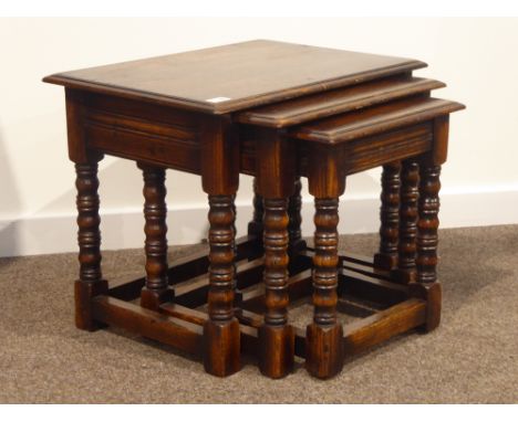 Medium oak nest of three tables, on bobbin turned supports with stretchers, 57cm x 41cm, H46cm Condition Report &amp; Further