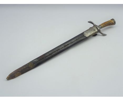 German hunting sword inscribed 'Kohl, Stuttgart' the blade etched with game etc, with etched shell guard and stag horn grip i