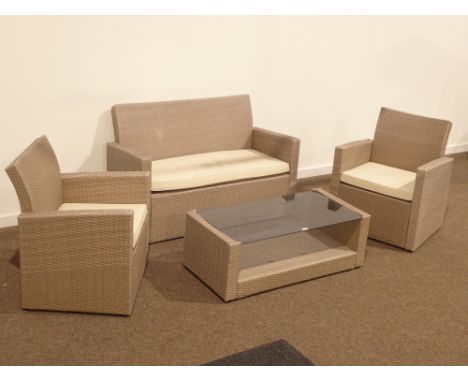 Rattan four piece conservatory suite; two seat sofa with upholstered seat cushion (W130cm, H70cm), pair matching armchairs (W