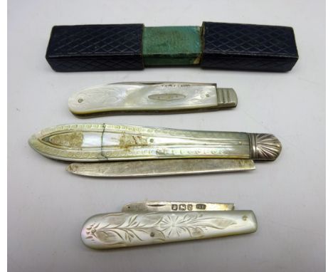 Victorian silver bladed and mother-of-pearl fruit knife in leather case, Sheffield 1871 and two other silver and mother-of-pe