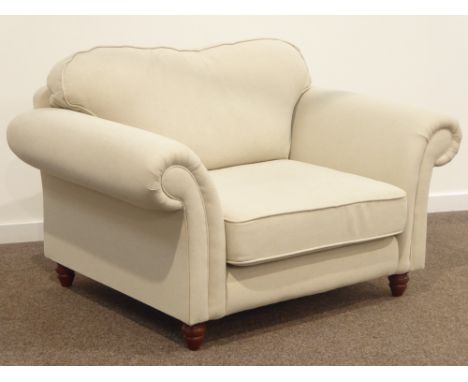 Browns of York - snuggler sofa upholstered in neutral fabric, turned stained beech feet, W138cm, D95cm Condition Report & Fur