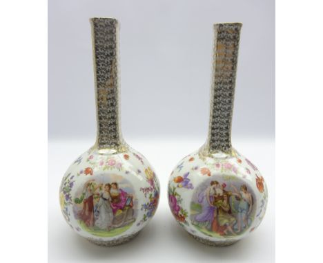 Pair of Plaue flask shape vases decorated with panels of figures and flowers with a gilded neck H 33cm Condition Report & Fur