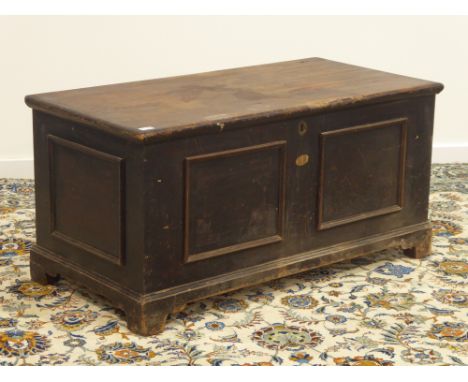 19th century stained pine blanket box, hinged lid, interior fitted with drawers and compartment, bracket feet, W113cm, H55cm,