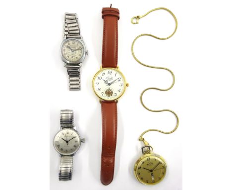 Bluer Swiss pocket watch on chain, Ruhla antimagnetic wristwatch, Roamer and one other (4) Condition Report & Further Details