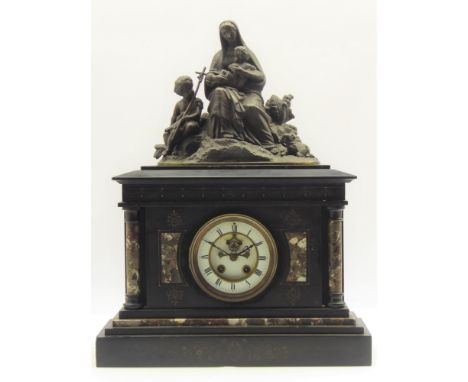 19th century black slate and marble mantel clock, bronzed figure of mother and children, white enamel Roman dial with visible