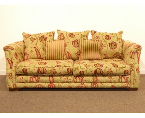 Browns of York - Grande three seat sofa upholstered in beige fabric with raised embossed floral design, feather cushions, W22