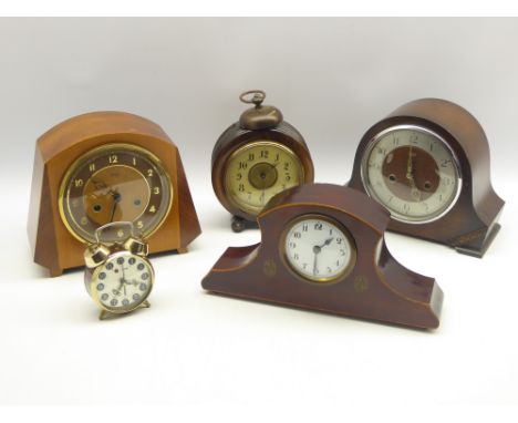 Early 20th century circular beech cased alarm clock (H22cm), two early 20th century 'Smiths' mantel clocks. Edwardian mantel 