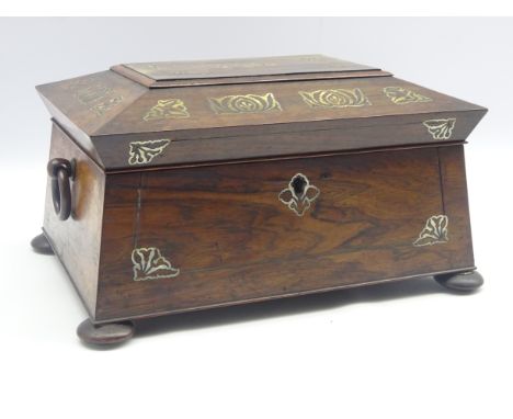 Early Victorian rosewood sewing box inlaid with mother of pearl on compressed bun feet with ring handles W32cm Condition Repo