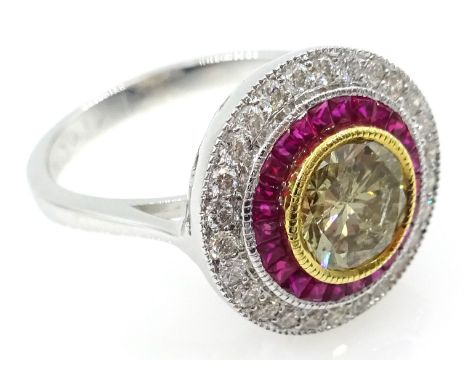 18ct white gold ruby and diamond Art Deco style target ring stamped 750, central cinnamon diamond approx 1.1 carat, rubies ap