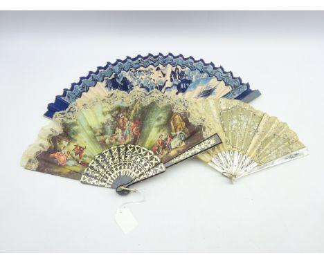 Victorian fan with mother of pearl sticks, lace and net panels and 2 other fans Condition Report & Further Details Click here
