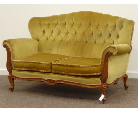 20th century French walnut framed four piece lounge suite; two seat sofa (W154cm), and three matching armchairs (W90cm) Condi