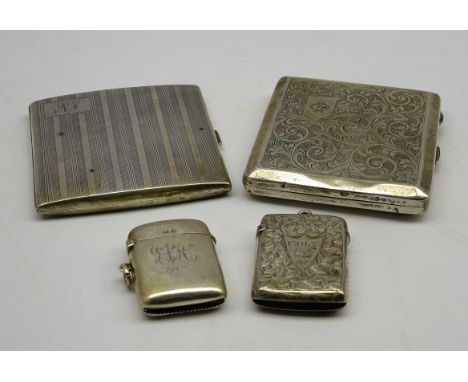 Engine turned silver cigarette case Birmingham 1925, another with engraved decoration, a Victorian silver vesta case and 1 ot