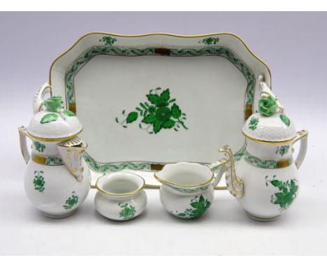 Herend miniature cabaret set in the 'Apponyi Green' pattern, comprising coffee pot, hot water pot, sugar basin and cream jug 