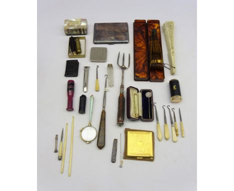Mother-of-pearl box, pierced bone fan, pair opera glasses, various Victorian button hooks, Victorian stick pin, cased, horn h
