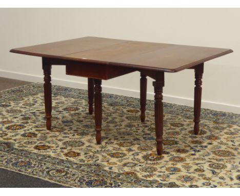 19th century mahogany dining table, moulded rectangular drop leaf top, double gate-leg action base to both sides, turned and 