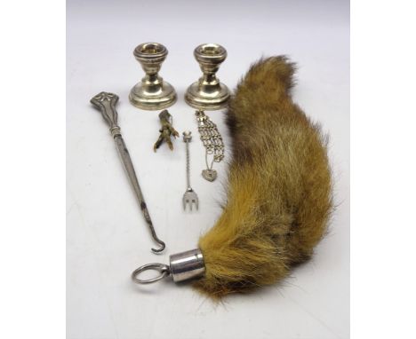 Fox brush with silver mounts Birmingham 1934, pair of silver dressing table candlesticks, silver handled button hook, grouse 