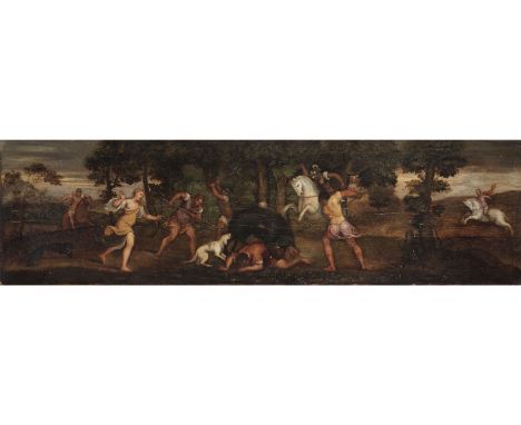 (Treviso, 1500 - Venezia, 1571)Caccia al cinghiale di CaledonioOlio su tavola, cm 31X110Provenienza:Roma, Galleria Bonatti (1