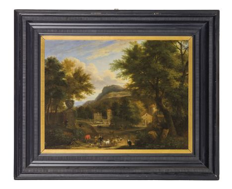 (Amsterdam, 1667 o 1670 - 1744)Paesaggio italianizzante con pastori e case sullo sfondo Olio su tela, cm 57X75Di squisito gus