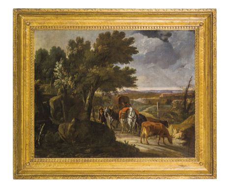 (Anversa, 1657 - 1720)Paesaggio con figure e cavalliOlio su tela, cm 82X103Pieter Van Bloemen compie il proprio apprendistato