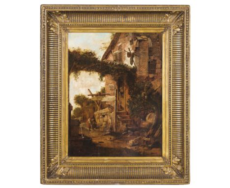 (Haarlem, 1618 - 1678)Esterno di fattoria Firmato Decker in basso a sinistraOlio su tavola, cm 54X41Provenienza: Colonia, Lem