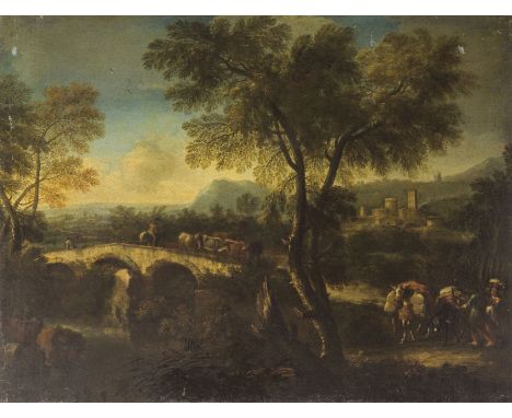 (Roma, 1697 - 1773)Paesaggio con ponte, cavalieri e armentiOlio su tela, cm 74X100Paolo Anesi è stato rivalutato a partire da