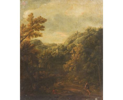 (Roma, 1615 - 1675)Paesaggio con viandanteOlio su tela, cm 74X62Di origini francesi ma romano di nascita, Gaspard Dughet fu u