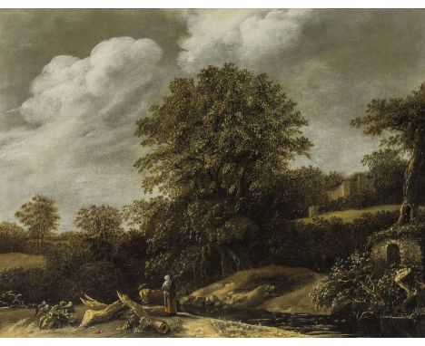 (Haarlem, 1655 - Firenze, 1702)Paesaggio collinare con alberi e due figure vicino ad un ruscelloOlio su tela, cm 65X85L'orizz