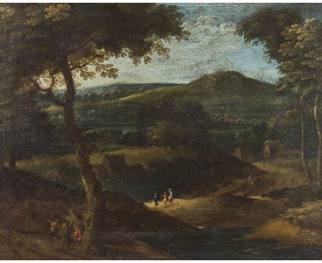 (Roma, 1615-1675)Paesaggio collinare con figureOlio su rame, cm 28,5X36Di origini francesi ma romano di nascita, Gaspard Dugh