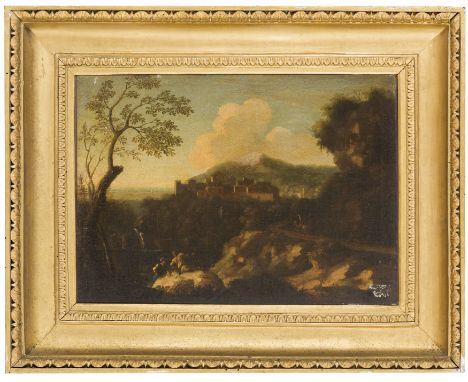 (Anversa, 1662 - Roma, 1749)Paesaggio arcadico (veduta di Fiano Romano?)Olio su tela, cm 34X47Giunto a Roma attorno nel 1688 