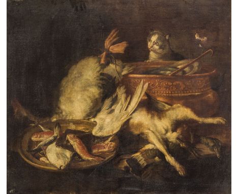 (Anversa, 1637 - Venezia, 1712)Cacciagione con gattoOlio su tela, cm 98X114Allievo di Jan Fyt ad Anversa, celebre pittore di 