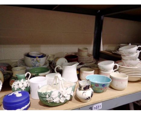 Shelf of mixed ceramics including Wedgwood. Not available for in-house P&amp;P 