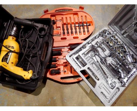 Three tool boxes with contents and a JCB drill. Not available for in-house P&amp;P 