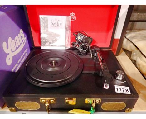 Black Soho 3-speed vinyl portable briefcase style record player: 33/45/78 RPM; built in speakers; auto Stop (LPs only); 3.5mm