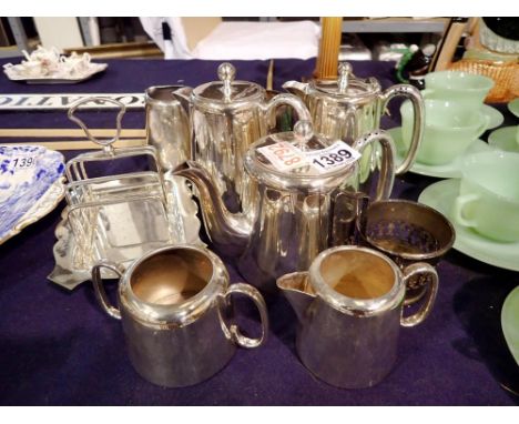 Five piece silver plated tea service, silver plated toast rack etc. Not available for in-house P&amp;P 