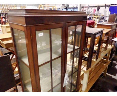 Edwardian glazed three shelf display cabinet with two doors and single drawer, 75 x 32 x 169 cm H, small losses to wood on co