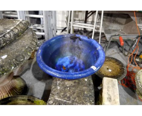 Large circular blue glazed planter, D: 57 cm. Not available for in-house P&amp;P 