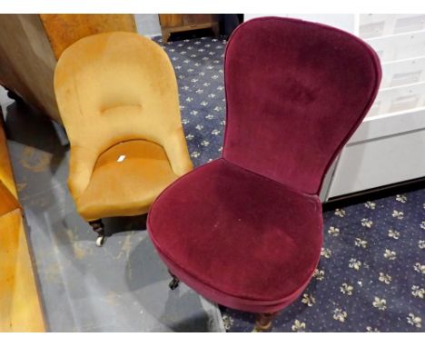 Two 19th century velour upholstered low back chairs, one on ceramic castors. Not available for in-house P&amp;P 