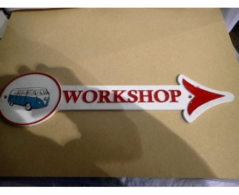 Cast iron VW Workshop arrow, L: 40 cm. UK P&amp;P Group 1 (£16+VAT for the first lot and £2+VAT for subsequent lots) 