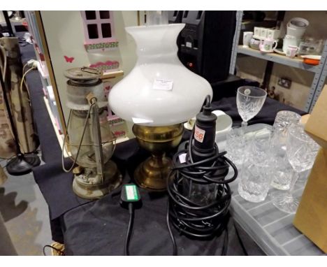 Hurricane lamp, a paraffin lamp and another. All electrical items in this lot have been PAT tested for safety and have passed