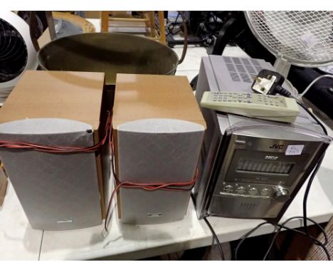 JVC CD player pair of speakers and remote. All electrical items in this lot have been PAT tested for safety and have passed. 
