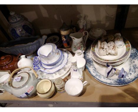 Shelf of mixed ceramics including Aynsley and Royal Doulton. Not available for in-house P&amp;P 