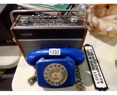 Hacker radio and a blue rotary telephone with wall shelf mount. Not available for in-house P&amp;P 