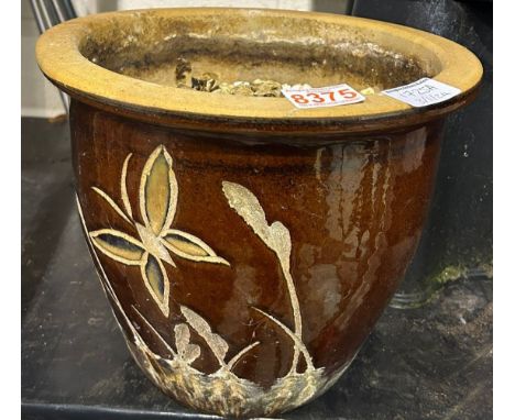 Ceramic plant pot decorated with flowers and butterflies. Not available for in-house P&amp;P 