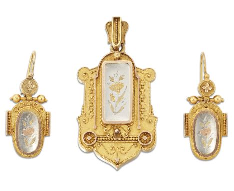 A VICTORIAN ETRUSCAN REVIVAL LOCKET PENDANT AND EARRINGS SUITE, each with a central vari-coloured floral plaque within ornate