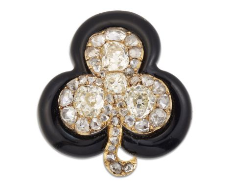 A VICTORIAN BLACK ENAMEL AND DIAMOND CLOVER BROOCH, set throughout with old-cut and rose-cut diamonds, within a black enamel 