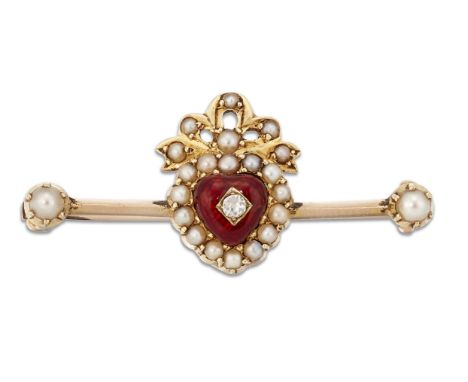 AN ENAMEL, DIAMOND AND SEED PEARL BAR BROOCH, an old-cut diamond set to a red guilloche enamel heart within a border of seed 