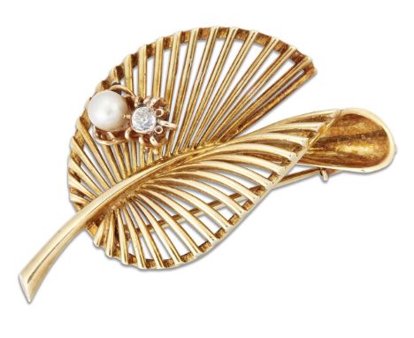 A DIAMOND AND PEARL LEAF BROOCH, the stylised leaf of pierced design and topped with an insect set with an old-cut diamond an