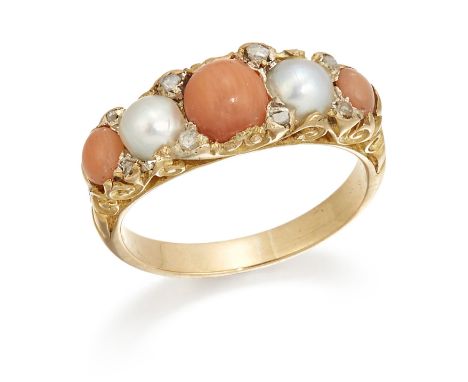 A CORAL, SPLIT PEARL AND DIAMOND RING, alternating coral and split pearls spaced by diamond accents, above a carved gallery a